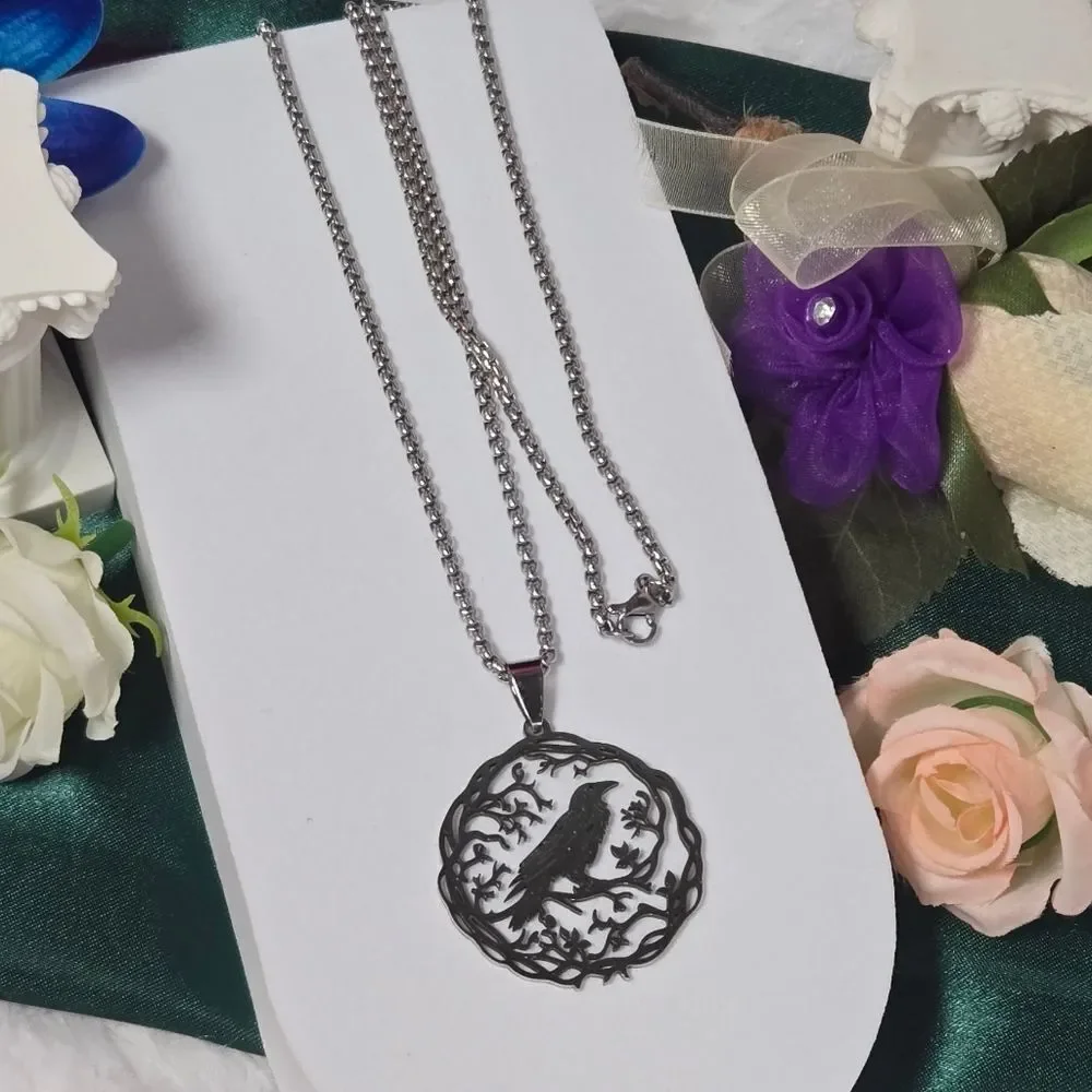 Stainless Steel Raven Crow Tree of Life Pendant Necklace 24